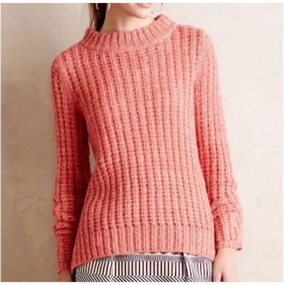 Anthropologie Field Flower waffle knit pullover coral sweater - Picture 1 of 7